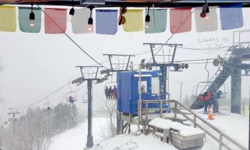 At the top of the triple chairlift, on Ragged Mountain at the Camden Snow Bowl.
