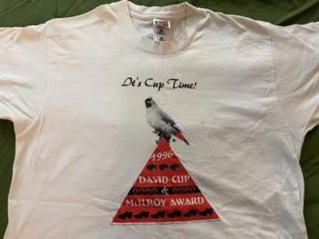 A commemorative T-shirt celebrating the 1996 influx of bohemian waxwings, a rare species in the Ithaca, NY-area and perfectly timed that year for the annual local birding competitions, including the David Cup. 