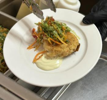 Wakame Slaw with a side of Wasabi compliments the Flounder Fishcake.