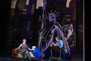 Two men, large sketch of Statue of Liberty