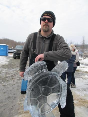 Jay Bluck took first place with his ice carving of a turtle the Annual State of Maine Ice Carving Competition. Photo by Kay Stephens