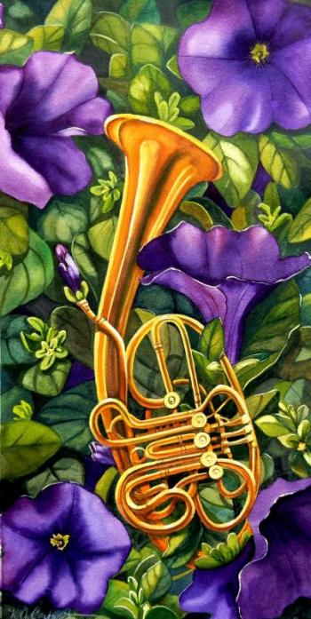 musical instrument on bed of flowers