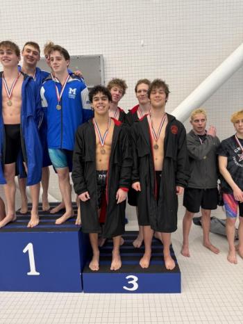 Camden Hills Regional High School Boys Swim Team, at the 2026 Class B State Championships held March 7 at Colby College in Waterville. (Photo courtesy Naomi Fisher-Barrett)