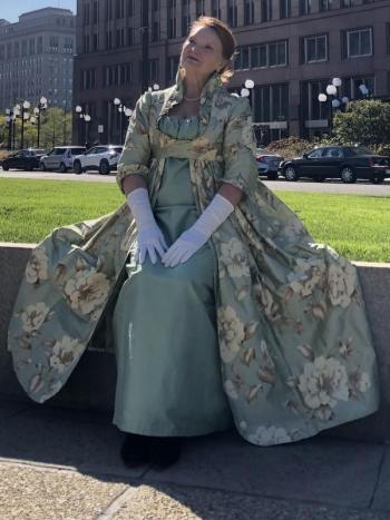 woman, big flower patterned dress