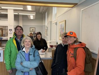 Camden residents Alex Cohen, Betsy Perry, Wendy Andresen and Jessica Ives deliver a petition to add a June 9 Annual Town Meeting warrant article that would ask voters if they wanted to eliminate the town's paid parking program. (Photo courtesy Alex Cohen)