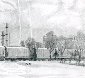 Lightning and trains (Drawing by Rick Cronin)