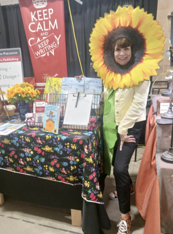 woman wearing sunflower headwear