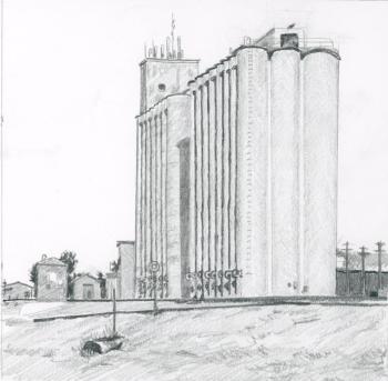 Grain elevators, Lowell, Kansas (Drawing by Rick Cronin)