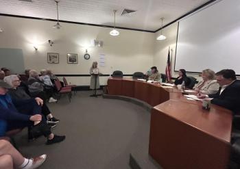 Forum moderator Rep. Vicki Doudera, who represents Camden and Rockport in Augusta, leads the forum of candidates Geoff Scott, Sara Skrivanich, Bobbi Oxton Blake and Chris Nolan May 18, in the French Meeting Room on Washington, St., Camden.