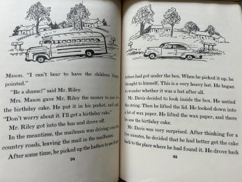 A few pages from Here Comes the Bus with illustrations of Bud Wood's bus by author Carolyn Haywood.