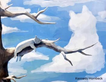 painting of cat on branch, cloud cat