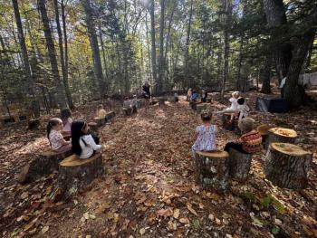 students sit on tree stumps