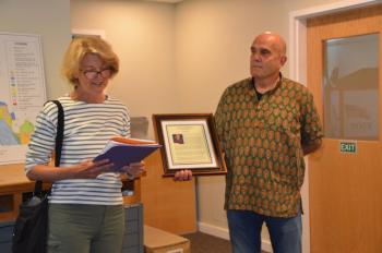 Rockport Select Board Chair Denise Munger with Dwight Sholes (Photo by Lynda Clancy)