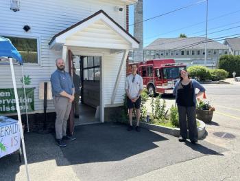 The Camden polling station where candidates gather and greet voters. Marcus Mrowkra and Josh Gerritsen are both running for the District 41 (Camden-Rockport) Democratic candidacy for the November elections, and Sara Levy Scrivanich is running for the Camden Select Board.