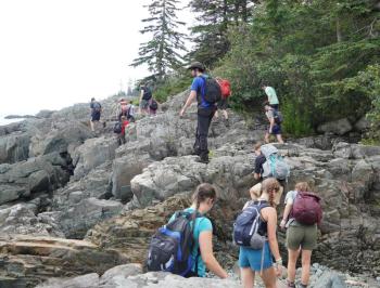hiking up rocks
