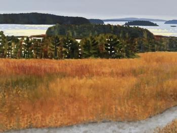 painting of field overlooking trees, harbor in dark color