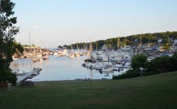 Camden Harbor, with a viewshed over the Harbor Park lawn.