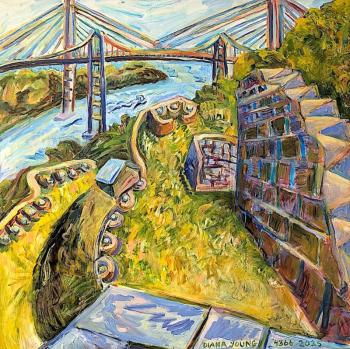  Diana Young’s “Penobscot Narrows,” - 40" x 40" acrylic & oil -  from the 2025 ARTinME exhibit. Courtesy of BRAF