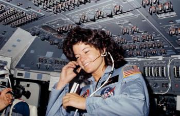 Sally Ride in a space shuttle
