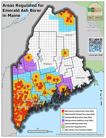 Maine map of areas regulated for Emerald Ash Borer