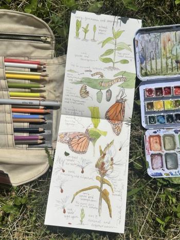 open page of journal, art supplies