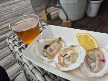 A four-ounce pour of Toasted Vienna Lager from Marshall Wharf Brewing Co. and three oysters from OystHERS Raw Bar. Photo by Kay Stephens