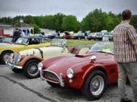 Vintage cars in a line with an observer in the foreground
