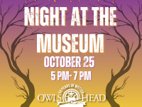 Purple to yellow gradient background with text " join us for night at the museum October 25 5-7pm" below is the Owls Head Transportation Museum logo.