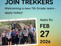 Photo of students and a call to Join Trekkers, Applications due Feb 27