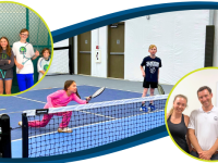 Kids and adults playing or posing on pickleball and tennis courts