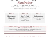 Drive-through Spaghetti Supper Fundraiser, Thu May 28, 4–7pm, Lori's Cafe, Liberty ME. By donation—100% benefits firefighters & EMS injured in the May 15 Robbins Lumber fire in Searsmont.