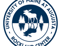 University of Maine at Augusta Rockland Center with silhouette of moose and trees