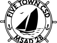 Five Town CSD and MSAD 28 Logo image. A ship's wheel with a two sailed sail boat on water, with the district names and two anchors around it.