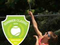 Woman playing tennis hits tennis ball on the outdoor courts of Midcoast Rec Center. Midcoast Rec Center's Summer Classic information is displayed in a graphic in the corner.