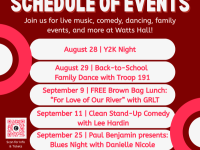 A poster detailing all September & October events at Watts Hall.