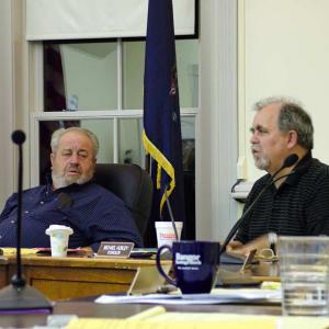 Mayor Walter Ash, left, and City Councilor Mike Hurley during a discussion of Belfast's Tax Increment Financing districts, Tuesday night at City Hall.
