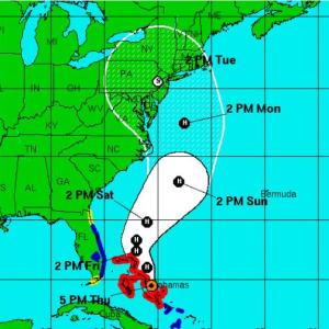As of Thursday, Oct. 25, Hurricane Sandy is over the Bahamas and headed for southeast Floriday. (Graphic courtesy of NOAA)