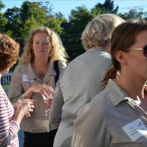 Susan Dorr, Robin McIntosh and Kea Tessyman at the Maine Women's Fund's Camden gathering at the Knox Mill on Sept. 19. (Photos by Lynda Clancy)