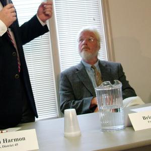 Brian Jones (D-Freedom) listens to incumbent Maine House District 45 Rep. Ryan Harmon during a legislative candidates' forum in September. Results of a recount Monday confirmed that Jones defeated Harmon by a narrow margin at the polls. (Photo by Ethan Andrews)