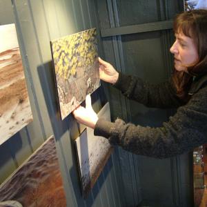 Karen Miles of Wanderbird Expedition Cruises and Northern Lights Gallery hangs a painting by Lisa Lebofsky made during a voyage loosely retracing the 1869 Arctic expedition of painter William Bradford. (Photo by Ethan Andrews)