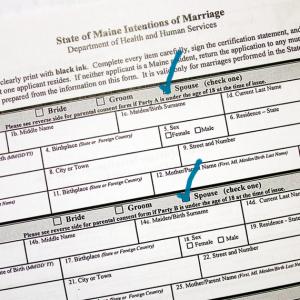 The revised Maine marriage license form now includes a checkbox for "spouse" alongside "bride" and "groom."