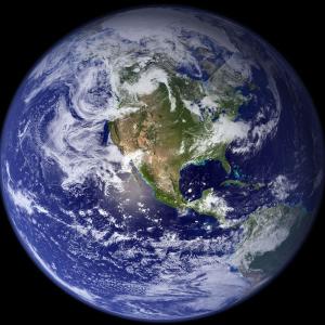 This “blue marble” image, courtesy of NASA, is the most detailed true-color image of the entire Earth to date. Using a collection of satellite-based observations, scientists and visualizers stitched together months of observations of the land surface, oceans, sea ice, and clouds into a true-color mosaic of every square kilometer (.386 square mile) of the planet. Much of the information contained in this image came from a single remote-sensing device-NASA’s Moderate Resolution Imaging Spectroradiometer (MODIS). Onboard the Terra satellite, MODIS observes a variety of terrestrial, oceanic, and atmospheric features of the Earth. (Courtesy of NASA Goddard Space Flight Center)