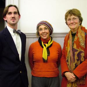Poets laureate past, present and future: Incoming Belfast Poet Laureate Ellen Sander, center, after her appointment to the honorary post on Tuesday night. Sander is flanked by current laureate Jacob Fricke and 2006 laureate Elizabeth Garber. Another former poet laureate in attendance on Tuesday, Karin Spitfire, is not pictured. (Photo by Ethan Andrews)