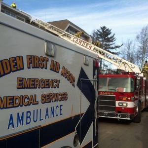 Camden First Aid Association and Camden firefighters worked together to remove an injured worker off the fourth-floor roof of Quarry Hill early Friday afternoon. (Photo courtesy Justin Hills)