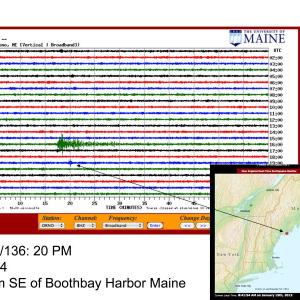 The University of Maine seismometer charted the 2.5-magnitude earthquake off Boothbay Harbor on January 14. Alice Kelley, a faculty member in the UMaine School of Earth and Climate Sciences, prepared a seismometer graphic displaying the occurrence. Below: A Google Maps image of the epicenter's location, marked by a green arrow. The University of Maine seismometer charted the 2.5-magnitude earthquake off Boothbay Harbor on January 14. Alice Kelley, a faculty member in the UMaine School of Earth and Climate Sciences, prepared a seismometer graphic displaying the occurrence.