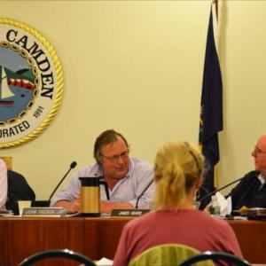 Camden Select Board members Martin Cates, John French and Jim Heard, along with Town Manager Patricia Finnigan. (File photo by Lynda Clancy)