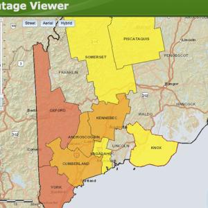 A screen shot from Central Maine Power's website showing counties with power outages this morning.