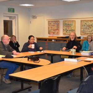 On Jan. 28, the Rockport Select Board met in executive session to talk over the phone with its attorney, William Plouffe, about the board's legal rights and duties concerning a personnel issue. Prior to closing the door to the public, a few members of town staff and the media were also in the room. From left to right, at the table, Select Board Chairman Bill Chapman, and board members Tracy Murphy, Geoffrey Parker, Ken McKinley and Charlton Ames. Seated behind them are Rockport Planner and Community Development Director Tom Ford, Rockport Assessor Kerry Leichtman, Finance Director Virginia Lindsey and Town Clerk Linda Greenlaw. (Photo by Lynda Clancy)