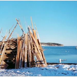 BELFAST - A bundle of potential energy erected at the public landing Dec. 31 in preparation for the 2012-13 New Year's Eve bonfire. (Photo by Ethan Andrews)