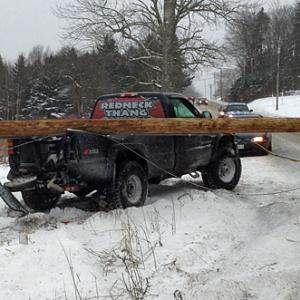 Brandon Jimenez-Roberts of Skowhegan was the driver of this pickup truck Friday afternoon that lost control on Route 1 in Lincolnville and took out a utility pole at its base. (Photo by David Edwards)